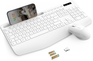 Tastatur Maus Set kabellos, 2.4G keine Latenz Ergonomische Tastatur kabellos Set, Handballenauflage, Telefonhalter, Akku im Lieferumfang enthalten, Leise Maus und Tastatur für Laptop, PC, Windows-Weiß