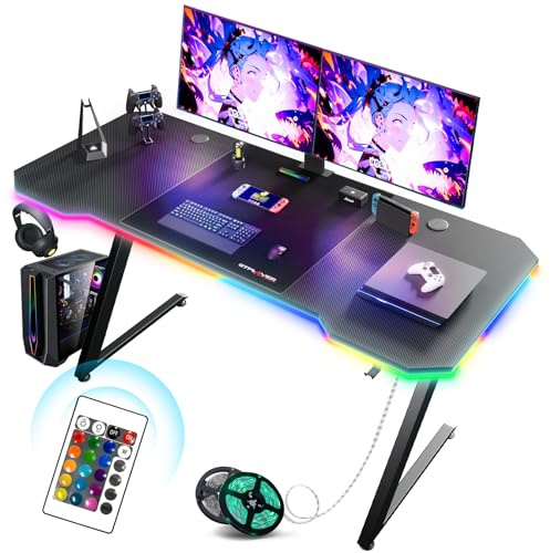 GTPLAYER Gaming Tisch, Gaming Schreibtisch 120 x 60cm, PC Tisch Gamer Tisch mit LED, Stabiler Computertisch mit Kopfhörerhaken