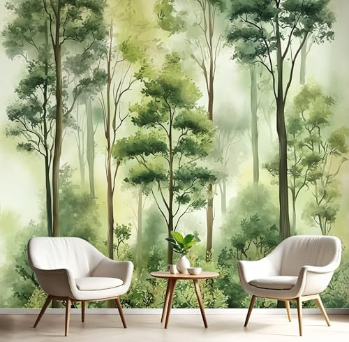 Fotomurales Bosque Primaveral - 350X256Cm Xxl Papel Pintado Seda Decoración De Pared Murales Verde Esmeralda Paisaje De Acuarela Diseno Fotográfico Decorativos Dormitorio Para La Sala