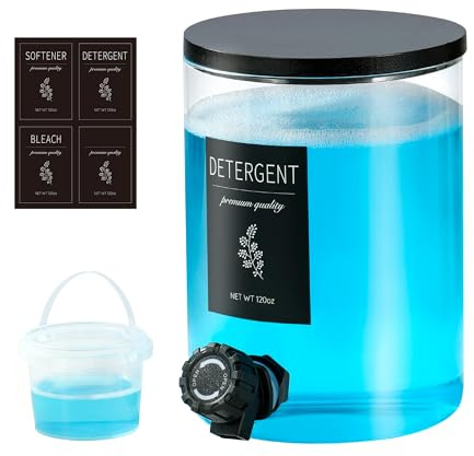 1 Glass Laundry Detergent Dispenser with Black Bamboo Lid - 120 Oz Liquid Detergent, Laundry Soap & Fabric Softener Dispenser for Laundry Room Organization and Storage with 1 Cups & 4 Labels