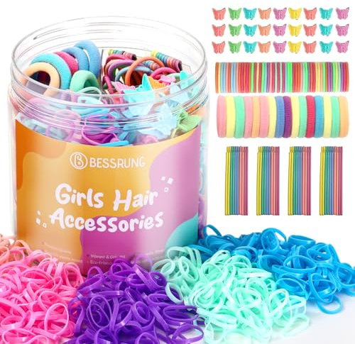 740 Pcs Girls Hair Accessories Set - 500P Colorful Toddler Elastic Hair Bands,150P Baby Hair Ties No Damage for Hair Ponytail Holders, 50P Butterfly Hair Clips, 40P No-Slip Bobby Pins