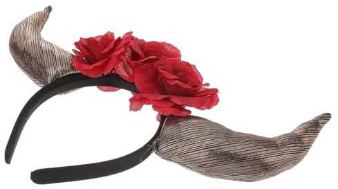 VILLFUL Rotes Day Of The Dead Horn Haarreif mit Rosen Festival Kopfschmuck für Cosplay Kostümparty Totengedenkfeier und Maskerade Dekoratives Damen Headpiece mit Hörnern und Blumen