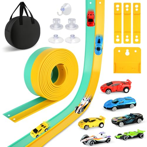 Pista Auto da Corsa, Circuito Flessibile Auto a Doppia Corsia da 5 m con 6 auto a Frizione, Ventose, Rampa, Borsa portaoggetti, Pista da Corsa Portatile come Regalo per Ragazzi e Ragazze