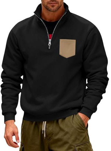 Zanisouta Pull en polaire pour homme - Pull d'hiver chaud en polaire - Col montant - Sweat-shirt avec poches poitrine - Pull de travail sans capuche - Décontracté - T-shirt de sport ample - Sweat à