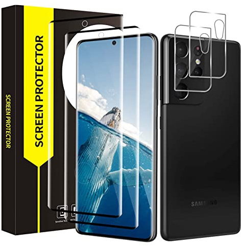 Cable Leader 2+2 Stück Schutzfolie für Panzerglas für Samsung Galaxy S21 Ultra 5G, 9H Härte, 3D Volle Abdeckung Schutzglas, Kameraschutz, Sensitive Touch, HD Klarsicht S21 Ultra Displayschutzfolie