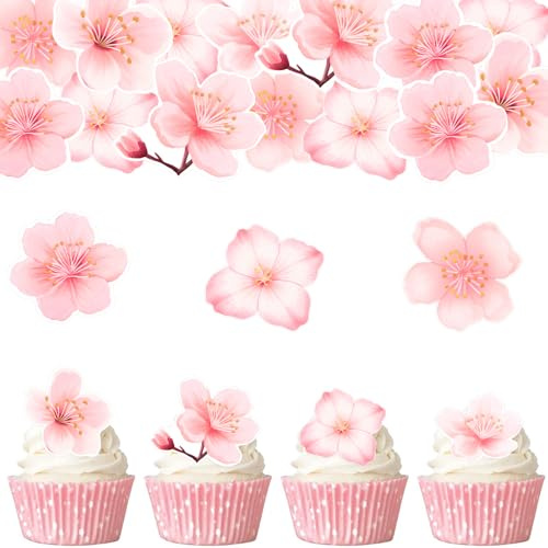 Gleevio Essbare Blumen Tortendeko Rosa, 48 Stück Cupcake Topper Blumen Kuchen Deko Essbar, Pfirsichblüten Muffins Deko, Essbare Blüten Tortendeko Mädchen, Kuchendeko für Geburtstag Hochzeit Babyparty