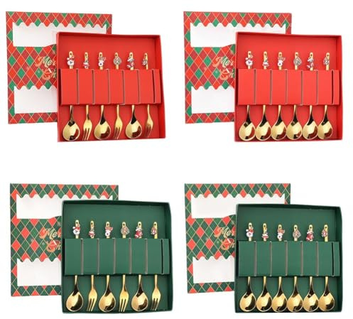 FUBESK Weihnachtsgeschirr-Set mit Gabel und Löffel aus goldfarbenem Edelstahl, niedliches Weihnachtsbaum-Elch-Weihnachtsmann-Design für Feiertagspartys