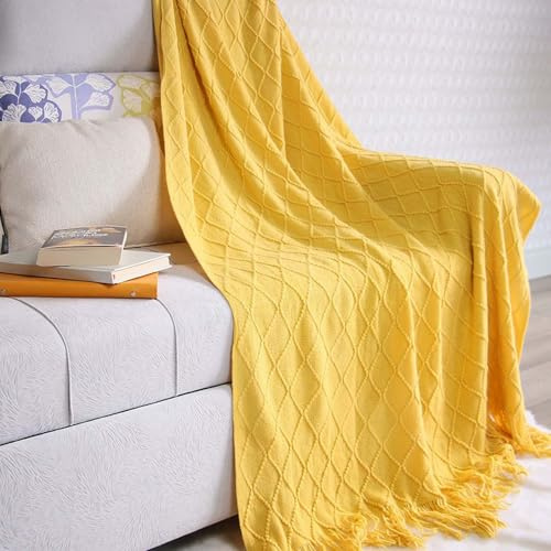 Manta Decorativa Tejida, Manta decorativa de punto suave con textura, Knit Throw Blanket para el sofá, la Silla, la Cama o para Viajes, Cálida, Ligera, para Todas Las Estaciones, 130X180cm (Curcuma)