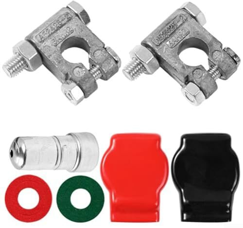 Hasaller Kit de bornes de batterie en alliage de zinc et de couvercle avec housses de protection rouges et noires avec brosse de nettoyage pour voitures, caravanes, camions, batteries marines 6 V 12 V