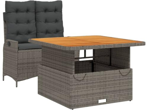 pokgdf 2-TLG. Garten-Essgruppe aus Poly Rattan mit abnehmbaren Kissenbezügen, Gartensessel mit dick gepolsterten Sitzkissen und Verstellbarer Gartentisch von Couchtisch zu Esstisch,