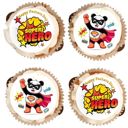 Happy Fathers Day - Super Dad - Superhero - Edible Cupcake Toppers - Vanilla Flavoured Icing Cupcake Decoration - 2 Sizes to Choose From (15 x 50mm)