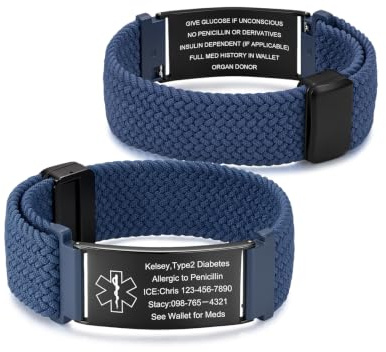 Bracelet Alerte Médicale Personnalisé ID Gravé avec Plaque d’Urgence (Bleu)