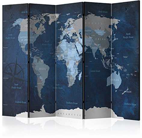 RAUMTEILER/PARAVENT B&D XXL - Paravent Raumteiler Innen Weltkarte 225x172 cm 5-teilig Einseitig Raumtrenner Trennwand Holz Room Divider Spanische Wand Raum Abtrennung dunkelblau grau beige