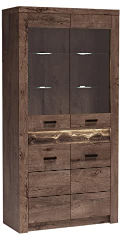 Mirjan24 Vitrine Indiano I-03, Glasvitrine, Standvitrine, Vitrinenschrank, Hochschrank, Modernes Wohnzimmer Set (Esche Dunkel, mit warmweißer LED-Beleuchtung)