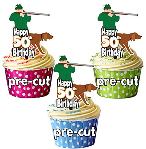 AK Giftshop PRECUT Hunting Shooting Themed - 50th Birthday - Edible Cupcake Toppers/Cake Decorations - Mens - Son - Husband - Dad - Grandad (Pack of 12)