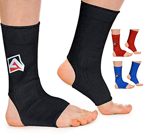 AQF MMA Ankle Support Muay Thai Foot Brace Guard Kick Boxing Sprains Achilles Tendon Pain Relief Protector Elasticated Breathable Compression Sleeve (Black, M)