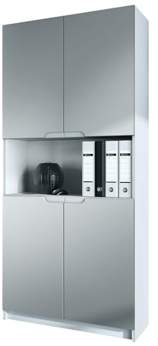 Vladon Büroschrank Logan V2, Made in Germany, Aktenschrank mit 5 Fächern und 4 Türen, Weiß matt/Hellgrau seidenmatt (82 x 184 x 37 cm)