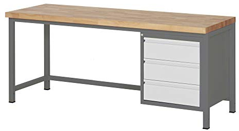 STIER Höhenverstellbare Werkbank Premium, 3 Schubladen, 200x70x84-104cm, Stahl und Buche