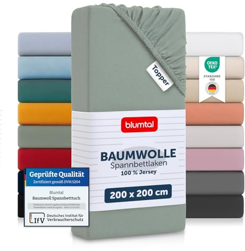 Blumtal Sábana bajera básica de algodón - Sábana de cama 100% algodón hasta 25 cm de altura del colchón 200 x 200 x 13 cm - 1er Conjunto verde Estival