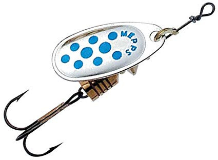 Mepps Comet Action - Mariposa de acción (00/1,5 g 0/2 g 1/3,5 g 2/4,5 g 3/6,5 g 4/8 g 5/11 g (00/1,5 g, plata/puntos azules)