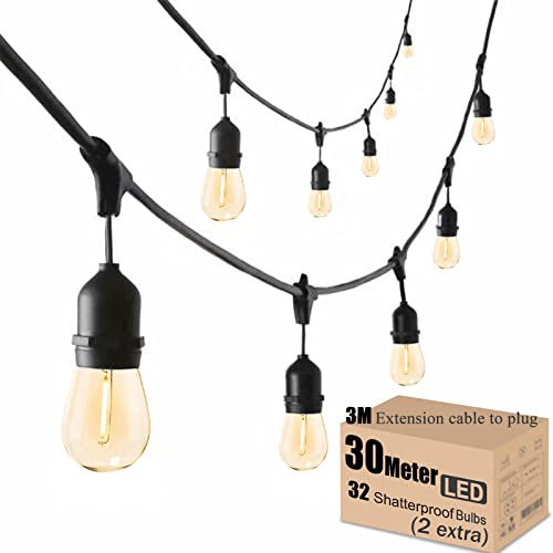 Meidaoduo Outdoor String Lights LED Mains, 30 Meters Festoon Garden String Lights 30 E27 Waterproof Sockets, 32pcs LED Shatterproof Patio Garden Party Wedding Backyard