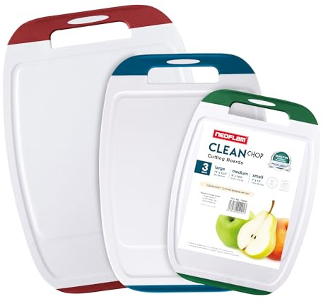 NEOFLAM® Planche à découper antibactérienne en plastique antidérapant – Lot de 3 planches à découper Microban® passent au lave-vaisselle – Planches multicolores avec rainure à jus et poignée