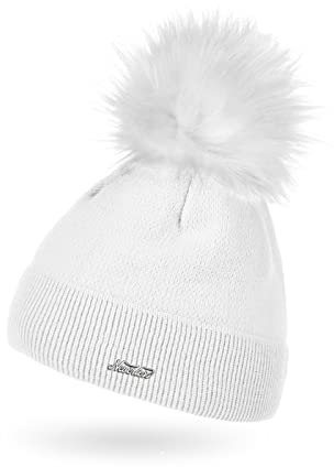 Neverless® Damen Mütze gefüttert Fell-Bommel Kunstfell Wollmütze Wintermütze Bommelmütze Feinstrick weiß Unisize