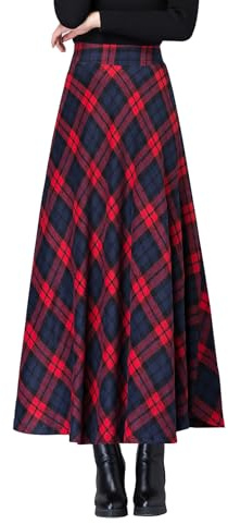 Gonna a Quadri Lunga Donna Inverno Vita Alta Lana Maxi Gonne Vita Elastica Vintage Elegante Svasata A-Line Gonne Plissettata Casuale Festa E Red S