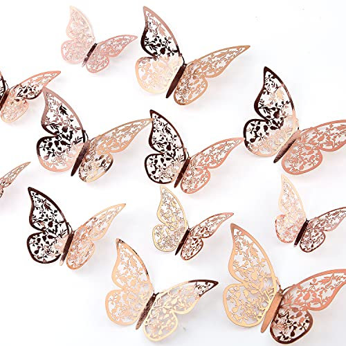 AIEX 48pcs Autocollants Papillon 3D 3 Tailles Décalcomanies Murales Décoration Murale De Chambre Pour Chambre Fête Mariage (Or Rose)