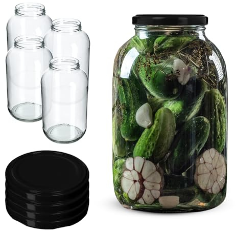 KADAX Set di 4 Barattoli in Vetro 4L con Coperchio a Vite Ø100 mm, Apertura Larga, Vasi per Conserve, Sottaceti, Kombucha, Kimchi, Cetrioli, Fermentazione, Marmellate (Nero)