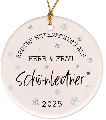 FEENSTAUB Weihnachtsschmuck personalisiert, Mr. & Mrs. Herr & Frau, Keramik-Anhänger mit Namen, besonderer Weihnachtsschmuck, Hochzeitsgeschenk, Weihnachtskugel Christbaumkugel mit Familienname