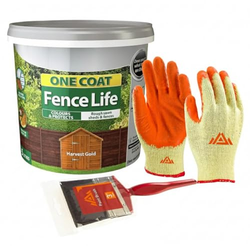 PERFECTONISH One Coat Fence 5L Quick Dry Wood, Outdoor Garden Paint for Garden Shed Water Repellent Furniture With Free 3” Brush and Protective Gloves (Harvest Gold)