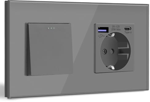 BSEED Interruptor de Pared con Enchufe USB C 20W,1 Gang 1 Vía Interruptor Pared+Schuko Enchufe con Cargador Rápido USB Tipo C,Gris