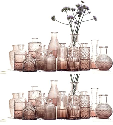 26 Small Glass Flower Vase for Wedding Centrepiece Table Decorations, Pink Clear Crystal Vintage Embossed Bud Mini Flowers Vases in for Party or Home Living Room Dining Bedroom Decor Aesthetic