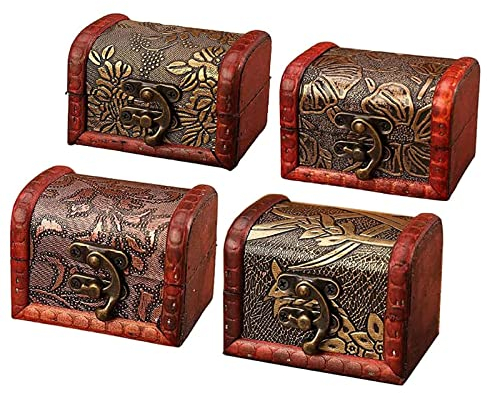 Lwtsrp 4 Piezas Vintage Cofre Del Tesoro, Mini de Cofre del Tesoro, Cofre del Tesoro de Madera, Pequeño Cofre Del Tesoro Madera, Se Puede Utilizar Para Almacenar Joyas, Pequeña Decoración Interesante