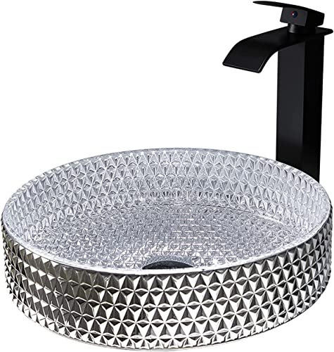 Lavabo Vasque Salle de Bain Lavabo De Salle De Bain Rond Transparent ， Vasques De Lavabo en Verre À Poser ， Lavabo À Main d'art Moderne avec Robinet À Cascade (Color : Silver)