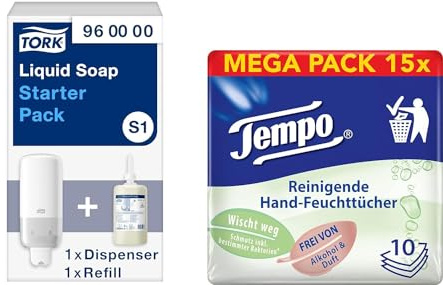 Tork Starter Pack für Flüssig- und Sprayseife inklusive 1 Flakon Tork milde Flüssigseife + Tempo Reinigende Hand-Feuchttücher 150 Tücher (10 Tücher x 15 Packungen)