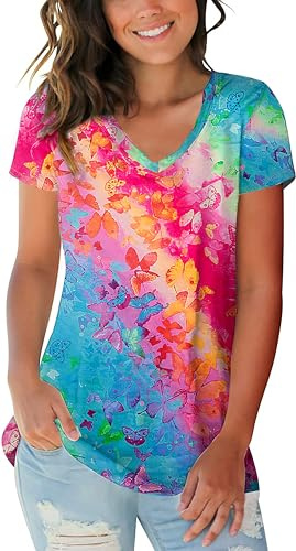 Womens Tie Dye Shirts Butterfly Color Gradient Print V Neck Tshirt Summer Casual Rainbow Short Sleeve Tee Tops