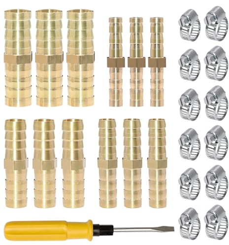 ZHIYUQL® 12 Stück Messing Schlauchverbinder 6/8/10/12mm Benzinschlauch Verbinder mit 12 Schlauchschellen und Schraubendreher für Luft, Wasser, Gas, Öl