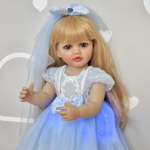 YIHANGG Langes Blondes Haar Reborn Kleinkind Puppe mit Lila Prinzessinnenkleid 55cm Ganzkörper Silikon Reborn Baby Puppe 22Zoll Mädchen Schöne Puppe Geburtstag Weihnachten Geschenk