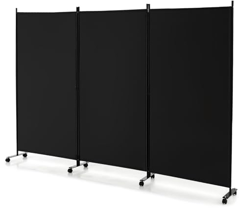 LIFEZEAL Cloison à 3 Panneaux Intérieur, Paravent Interieur Mobile et Pliable, Cloison de Séparation Cadre Métallique avec 8 Roues, Séparateur de Pièces (Noir, 3 Panneaux)