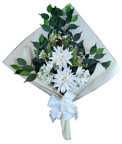 DRW Ramo de Flores para Cementerio Ramo Flores Artificiales con Jarron para Meter en el Bote del Jarron 78x63x20 cm (Dalias Blancas)