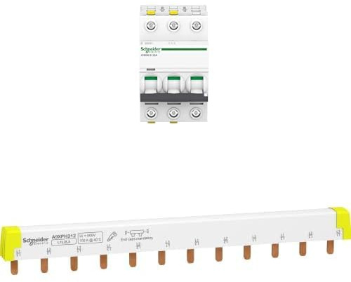 Bundle aus Schneider Electric A9F03332 Leitungsschutzschalter iC60N, 3P, 32A, B Charakteristik + Schneider Electric A9XPH312 Phasenschiene Steg, ablängbar, 3P, 12 TE, 100A