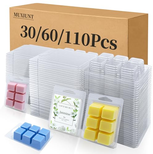 MUXIUNT Candle Plastic Wax Melts Square Shape Clamshell Moulds Packaging | Soy Wax Melts Soap Making Clear with Easy-Opening Release Design for Small Businesses Home DIY Crafts Scent Lovers（30pcs）