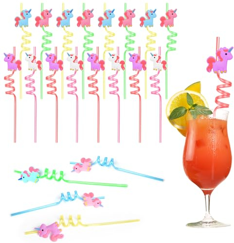 AUAUY Pajitas de plástico, 16 pajitas reutilizables, pajitas de plástico rizadas de unicornio, pajitas de verano para piscina hawaiana para fiestas de cumpleaños, decoración de Navidad, accesorios