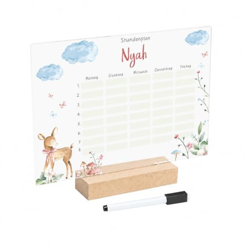 Stundenplan abwischbar personalisiert mit Namen - DIN A4 - Reh | + Holzhalter und Stift, Geschenke für die Einschulung, Einschulungsgeschenk Mädchen/Junge, Schulstart, kleines Geschenk