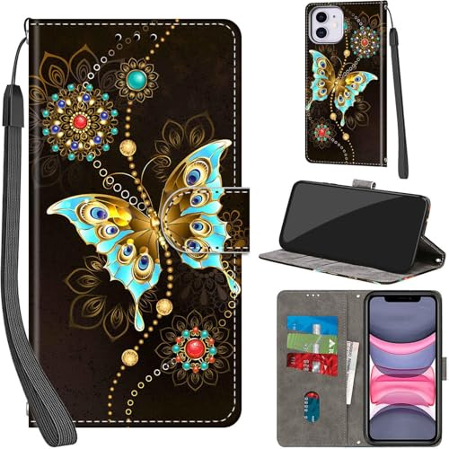 Haninsuze Handyhülle für iPhone 11 Hülle, grüner Schmetterling | PU Leder, Klappbar, Kartenfächer, Ständer, Kameraschutz, Brieftasche, Magnet, Stoßfeste, Muster Motiv