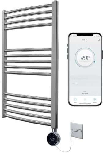 Greened House Chrome Electric WiFi Heated Towel Rail 500mm W x 800mm H | Curved Design, Smart WiFi Controlled, 7 Day Programming, App Compatibility