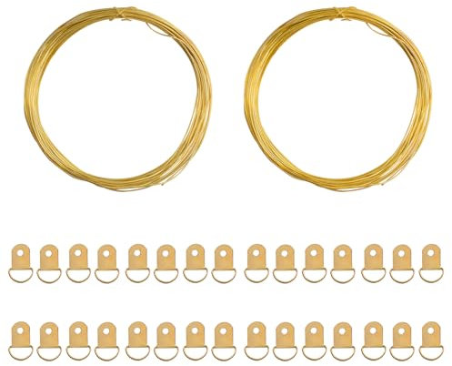 UFURMATE Kit de 2 rouleaux de fil de suspension en laiton de 10 m et 30 anneaux en fer en forme de D pour mur, photo, exposition, galerie d'art (doré)