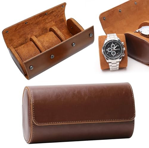 Queerelele PU-Leder Uhrenaufbewahrung Tragbar Uhrenbox Uhrenrolle mit Uhrenkissen Uhrenetui 3 Fächer Reise Uhrenkasten Uhrenaufbewahrung Watch Roll Travel Watch Box Case Uhrenkoffer für Damen Herren